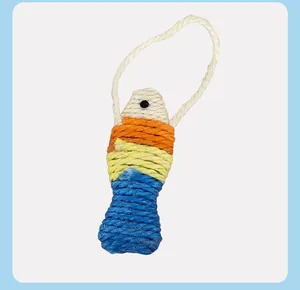 Close-up detail of a colorful woven sisal fish cat toy featuring a durable hanging rope loop