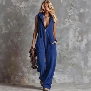 Detailed view of blue vintage sleeveless hooded jumpsuit with deep V-neck zipper