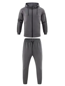 Men's gray 2-piece tracksuit featuring a zip-up hoodie and matching side-stripe joggers