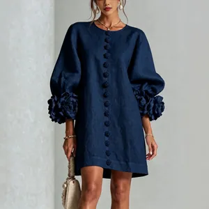French style navy cotton linen dress with 3D flower puff sleeves