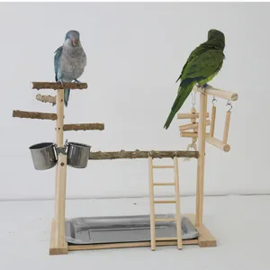 Supporto per Uccelli in Legno Naturale di Zanthoxylum Posatoio Multistrato per Pappagalli Con Altalena a Scala Ciotole in Acciaio Inox