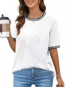 Women Round Neck Short Sleeve Top Contrast Ribbed Trim Loose Casual Knit T-Shirt Fashion Solid Color Basic Tee