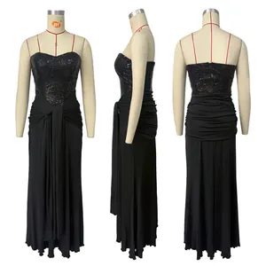 Black sequin bodice evening gown with draped waist shown in front side and back views