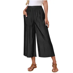 Women's stylish black wide-leg cropped casual pants featuring elastic waist and side pockets