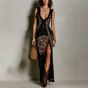 Robe Maxi à Imprimé Floral Paisley Bohème pour Femmes Sans Manches Col en V Fente Volants Patchwork Polyester Robe Longue de Vacances