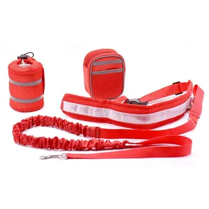 Professional hands-free red pet running leash set with reflective belt and accessory pouches