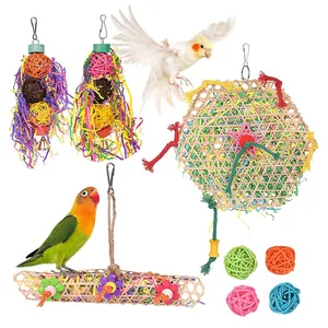 Lot de jouets colorés pour oiseaux avec balles en osier et papier à déchiqueter à mâcher