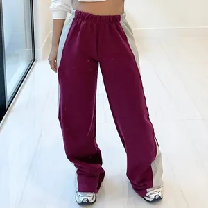 Modische High-Waist Wide-Leg Jogginghose im Color-Block-Design in Weinrot und Grau