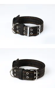 Vue macro détaillée du collier robuste pour chien en nylon noir à 4 couches avec boucle métal