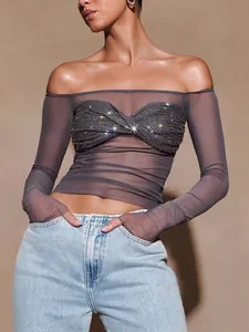 Sexy off-shoulder sheer long sleeve crop top with sparkling sequin twist front detail