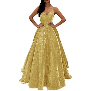 Superbe robe de soirée longue à paillettes dorées avec bretelles pour les galas
