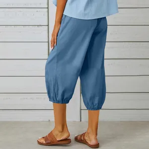 Detailed back view of casual blue cropped cotton linen joggers with stylish elastic cuffs