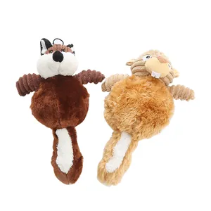 Squeaky plush dog toys shaped like a fox and a squirrel for interactive play and chewing