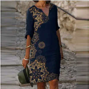 Navy blue V-neck dress with vintage gold mandala floral prints and half sleeves