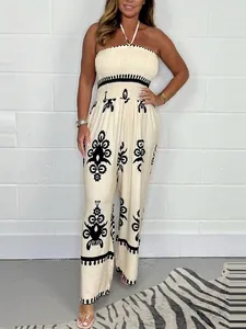 Tuta da Donna Estiva con Stampa Bandeau Pantaloni a Gamba Larga Senza Maniche Tuta Bohemien Etnica per Vacanza Romper alla Moda