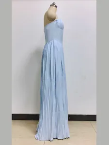 Detailed side view showing the pleated texture and strapless silhouette of the light blue maxi dress