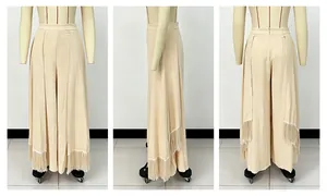 Front, side, and back view of beige high-waisted wide-leg trousers with fringe tassels.