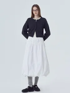 Elegant full look of women's dark grey round-neck button-up knitted cardigan sweater