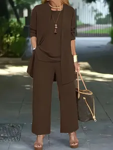 Full view of women's brown 3-piece set with cardigan, top, and wide-leg pants.