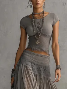 Fashionable gray knit top and flowy pleated chiffon maxi skirt two-piece outfit set