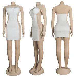 Three-view display of white rhinestone mesh patchwork bodycon mini dress for women