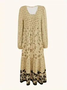 Elegant long sleeve floral print midi dress featuring round neck and tiered skirt details