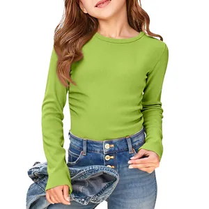 Detail of girls lime green ribbed knit long sleeve slim fit crew neck basic T-shirt