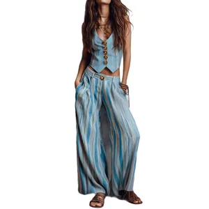 Boho blue vertical striped crop vest and high-waisted wide-leg trousers two-piece set