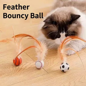Interactive Cat Toy Rubber Bouncy Ball With Artificial Feather Basketball Soccer Baseball Design For Indoor Exercise Boredom Relief