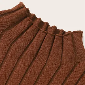 Detail of a brown ribbed knit mock neck collar showing high-quality fabric texture