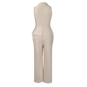Detailed back view of a chic apricot sleeveless suit collar jumpsuit with wide-leg pants