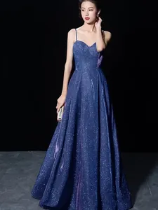 Elegant dark blue sparkling spaghetti strap V-neck evening gown long dress for women