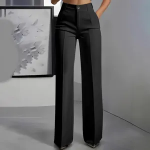 Elegant black high-waisted wide-leg suit trousers for women with a draped finish