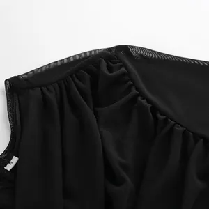 Detail shot of black sheer mesh fabric and delicate ruching on a slim-fit T-shirt