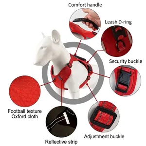 Adjustable red dog harness with reflective strips and safety buckle for large dogs