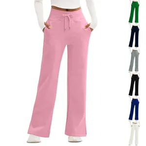 Detailed view of women's high-waisted wide-leg casual pants available in multiple colors