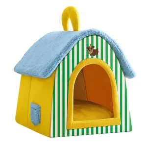 Cozy enclosed house-shaped pet bed with blue fuzzy roof and yellow corduroy