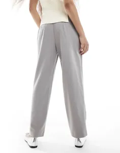 Back view of women's grey high-waist straight-leg trousers for office and casual wear