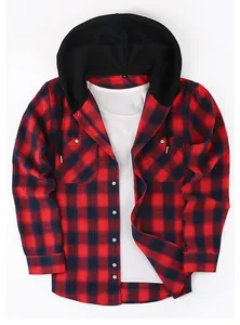 Men's red and black plaid hooded long-sleeve flannel shirt with black drawstring hood