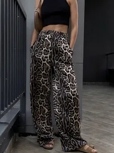 Women Leopard Print High Waist Wide Leg Pants Streetwear Casual Loose Full Length Trousers Autumn Fashion Bottoms