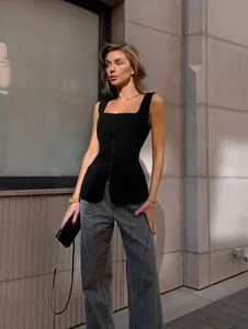 Elegant black square neck sleeveless vest with front zipper and slim fit waist design