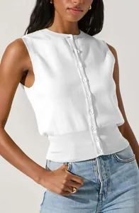 Close-up of white sleeveless knitted button-up vest showing fabric texture and ribbing