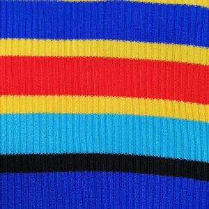 Macro detail view of multi-color ribbed knit fabric showing vibrant horizontal stripes