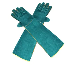 Vue détaillée des gants de protection anti-morsure de 62 cm en cuir vert pour reptiles