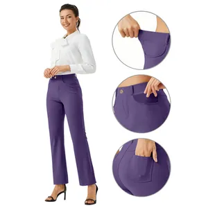 Detail views of women's purple straight-leg pants showing elastic waist and pockets