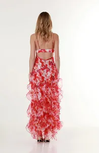 Back view of elegant red floral chiffon maxi dress with tiered ruffles and open back