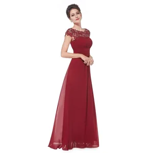 Elegant burgundy lace bridesmaid dress with long chiffon skirt for formal evening events