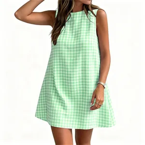 Detail view of a stylish green and white gingham sleeveless A-line summer dress for women
