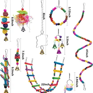 Multi-piece colorful parrot toy set with detailed dimensions for swings and ladders