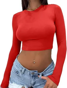 Detailed view of a sexy red slim fit long sleeve crop top with a classic round neckline
